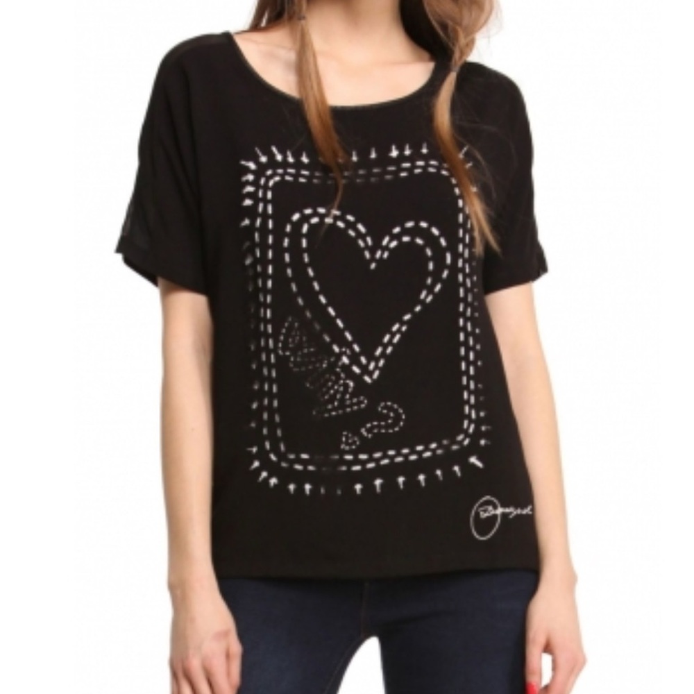 Desigual Black Heart Pattern Short Sleeve Top